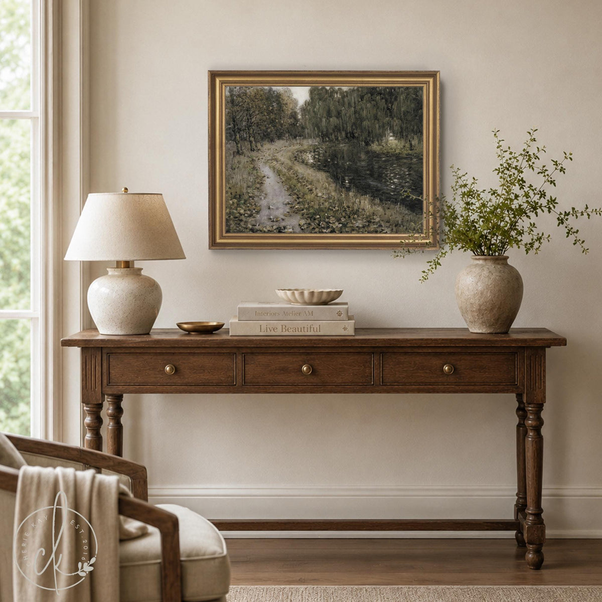 Framed Landscape Painting | Vintage Gold Frame | River Path Nature Wall Art | N221