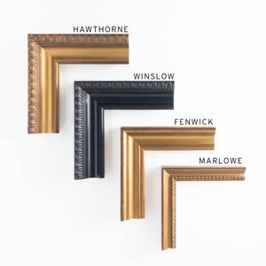Frame options chart showing four wood corners: ornate gold Hawthorne, black Winslow, smooth gold Fenwick, and beaded gold Marlowe.