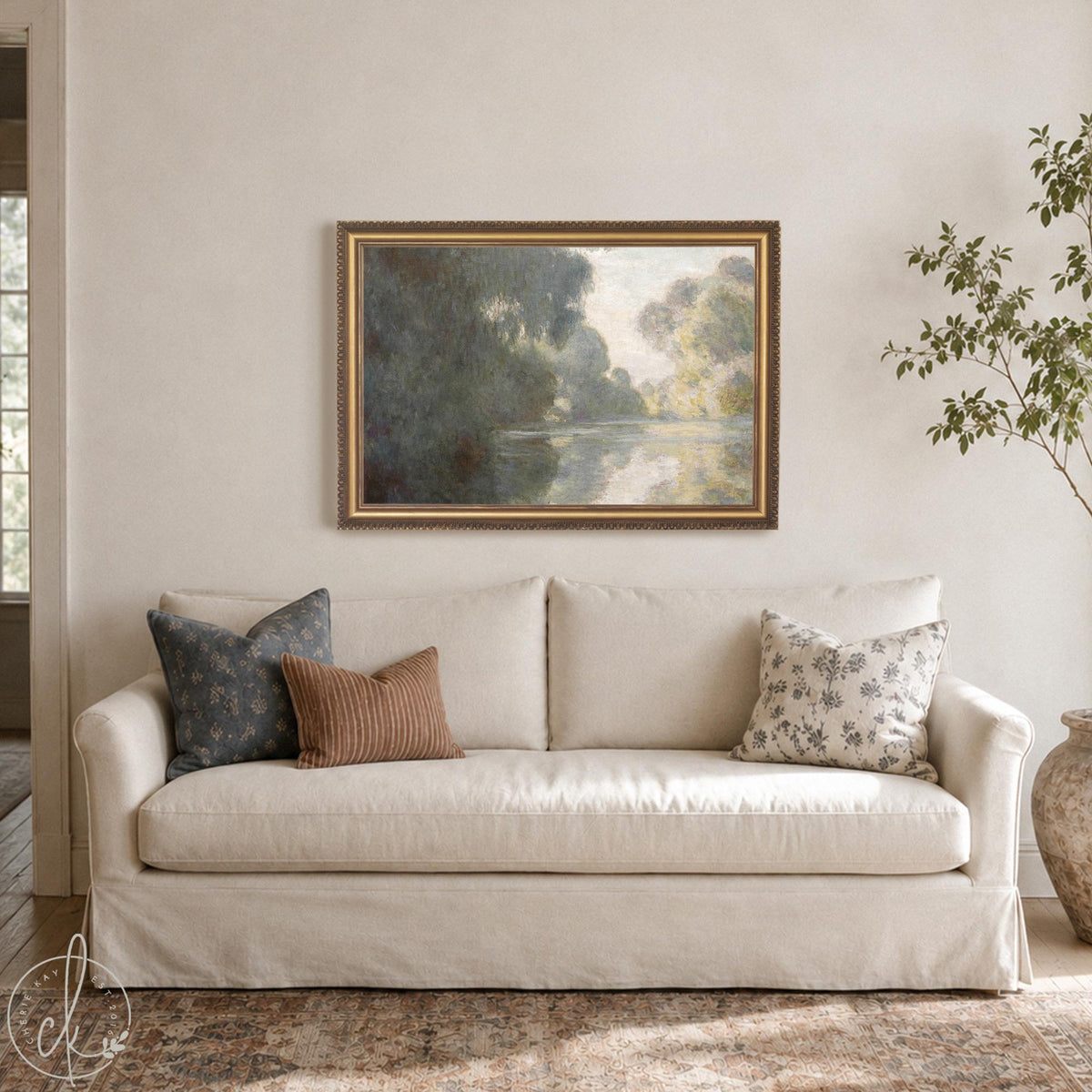 Impressionist Wall Art | Monet Morning on the Seine Framed Canvas | Moody River Landscape Print | N179