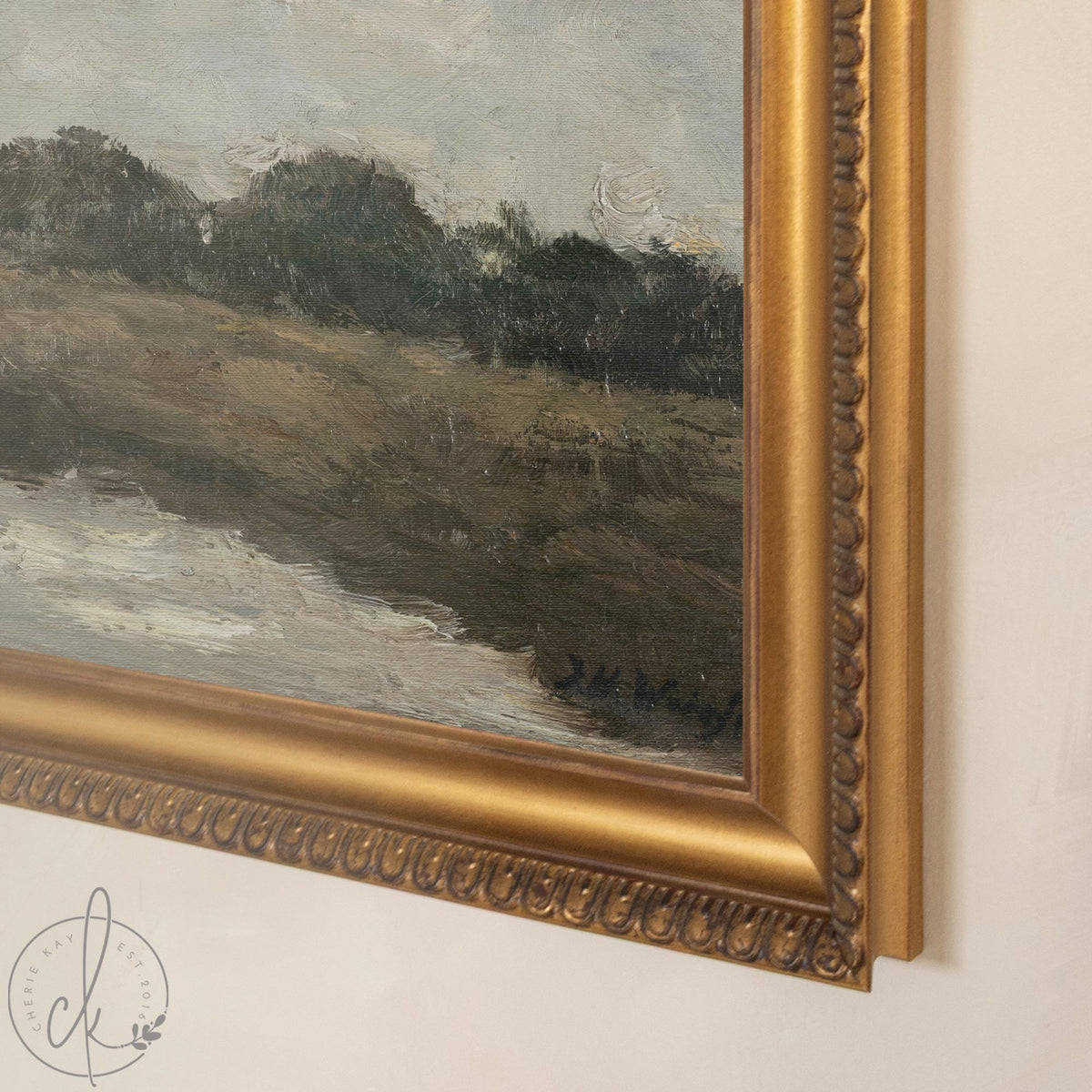 Large Oil Painting With Frame | Neutral Cloud & River Landscape | N60