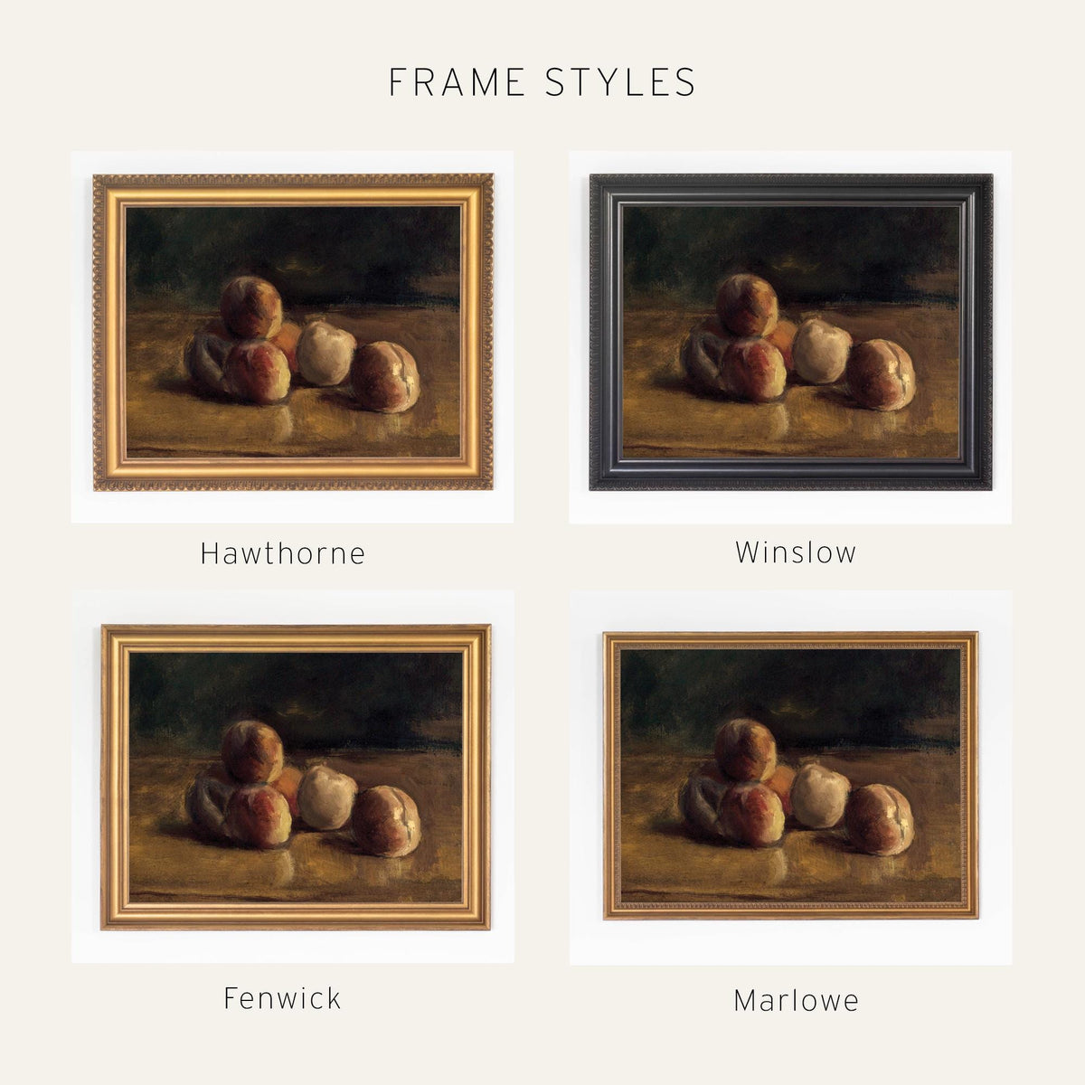 Fruit Still Life Painting | Framed Vintage Kitchen Wall Art | Antique Peach Canvas Print | N26