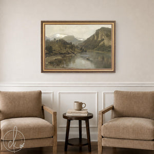 Large Vintage Landscape Wall Art | Framed Mountain River Painting | N90