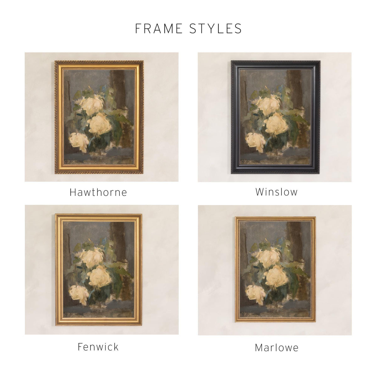 Impressionist Floral Wall Art | Framed Gold Oil Painting of Roses | N125