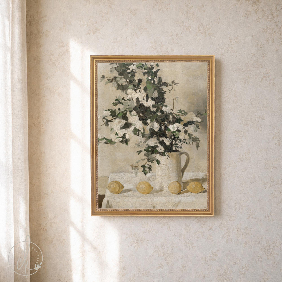 Kitchen Wall Art | Vintage Floral Still Life with Lemons | Gold Framed Canvas Print | N81