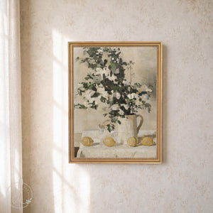 Kitchen Wall Art | Vintage Floral Still Life with Lemons | Gold Framed Canvas Print | N81