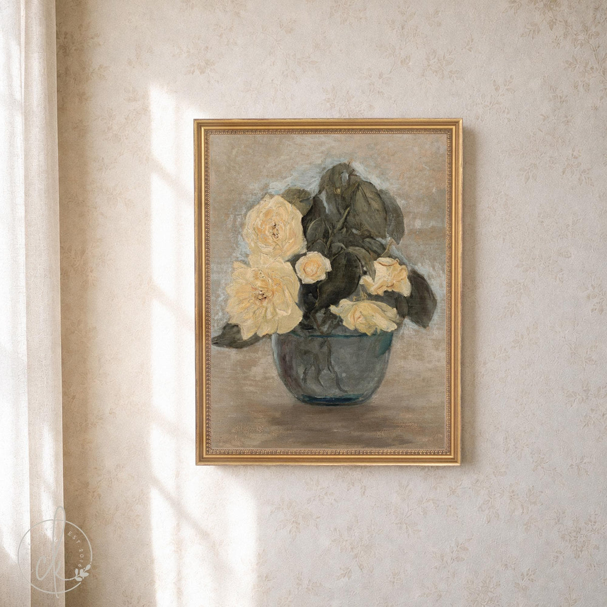 Vintage Flower Painting | Framed Yellow Rose Still Life | Antique Floral Wall Art | N242