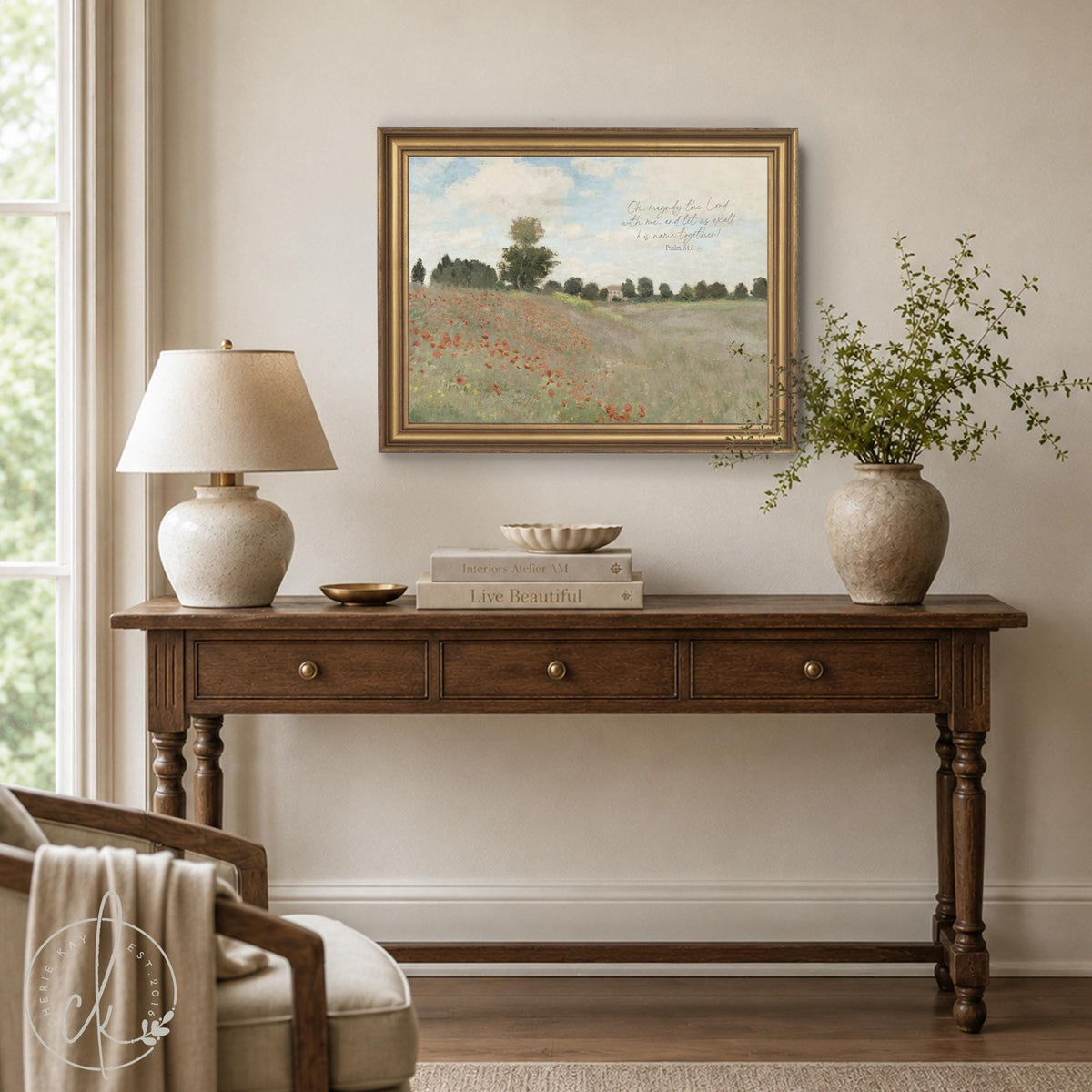 Framed Christian Art | Monet Poppy Field Canvas Print with Psalm 34:3 Scripture | N58
