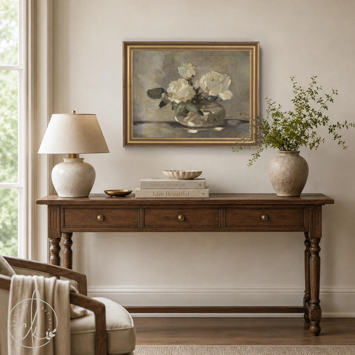 Floral Bouquet Painting | Vintage Framed White Rose Wall Art | N195