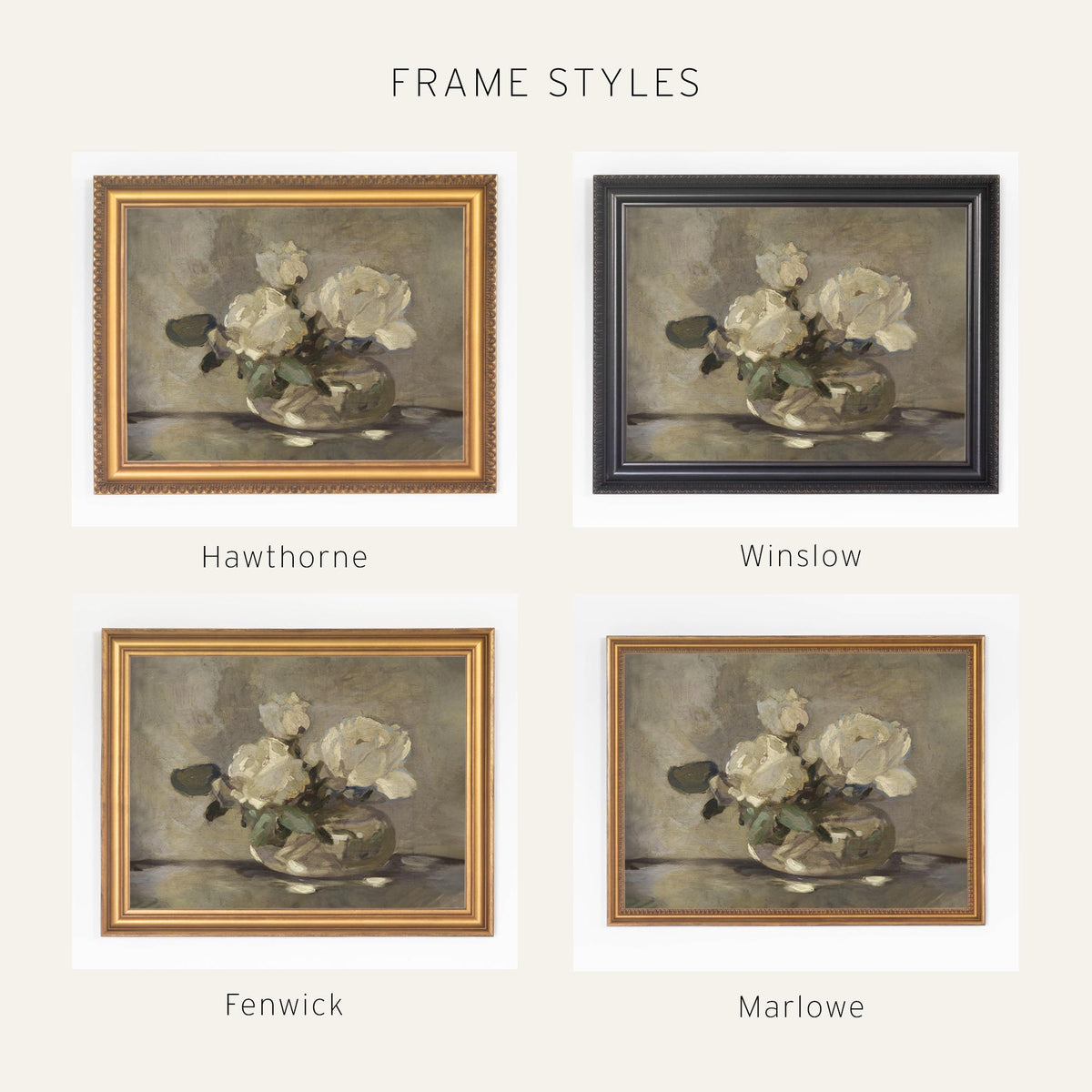 Floral Bouquet Painting | Vintage Framed White Rose Wall Art | N195