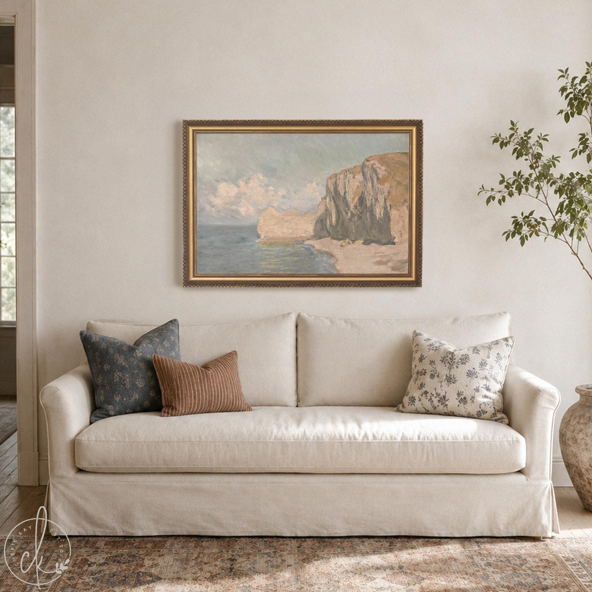 Monet Beach Painting | Étretat Cliff Framed Print | Gold Coastal Wall Art | N246