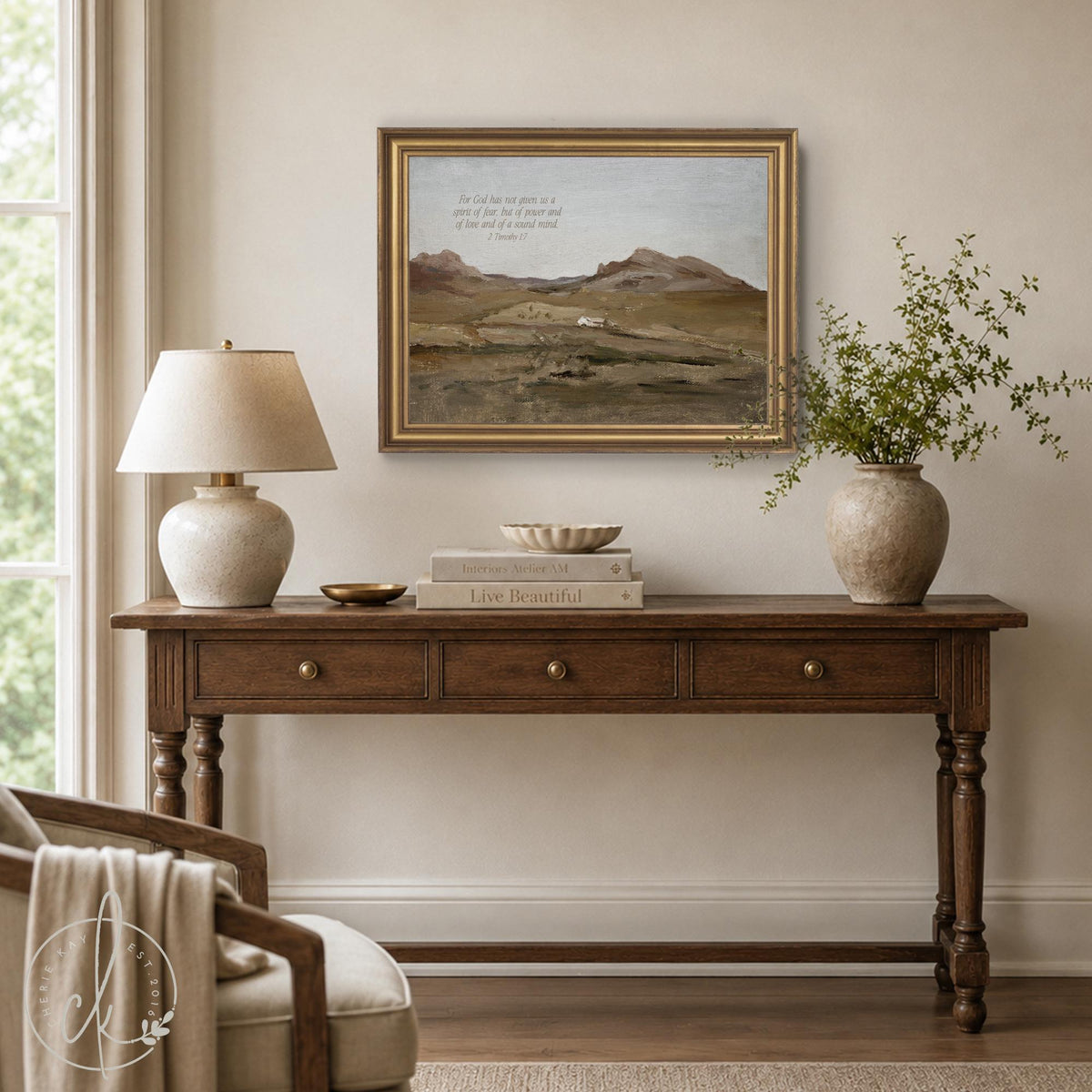 Large Scripture Wall Art | 2 Timothy 1:7 Framed Canvas | Christian Mountain Landscape Decor | N29