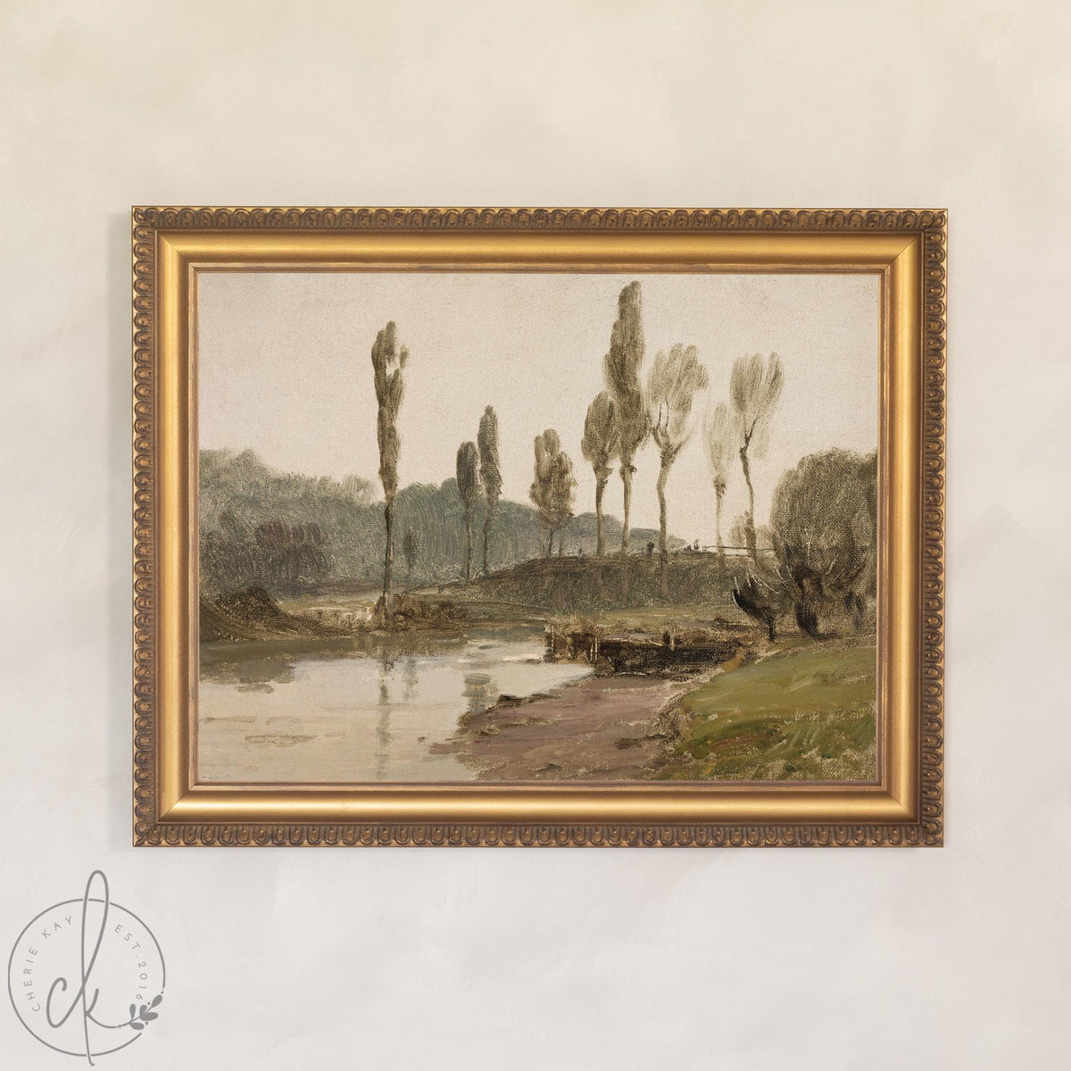 Framed Wall Art Living Room | Vintage River Landscape in Ornate Gold Frame | Large Antique Wall Decor | N66