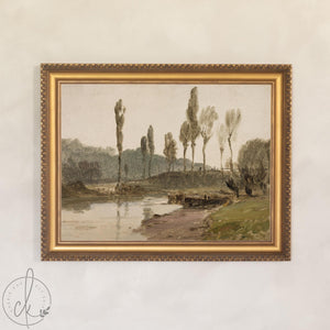 Framed Wall Art Living Room | Vintage River Landscape in Ornate Gold Frame | Large Antique Wall Decor | N66