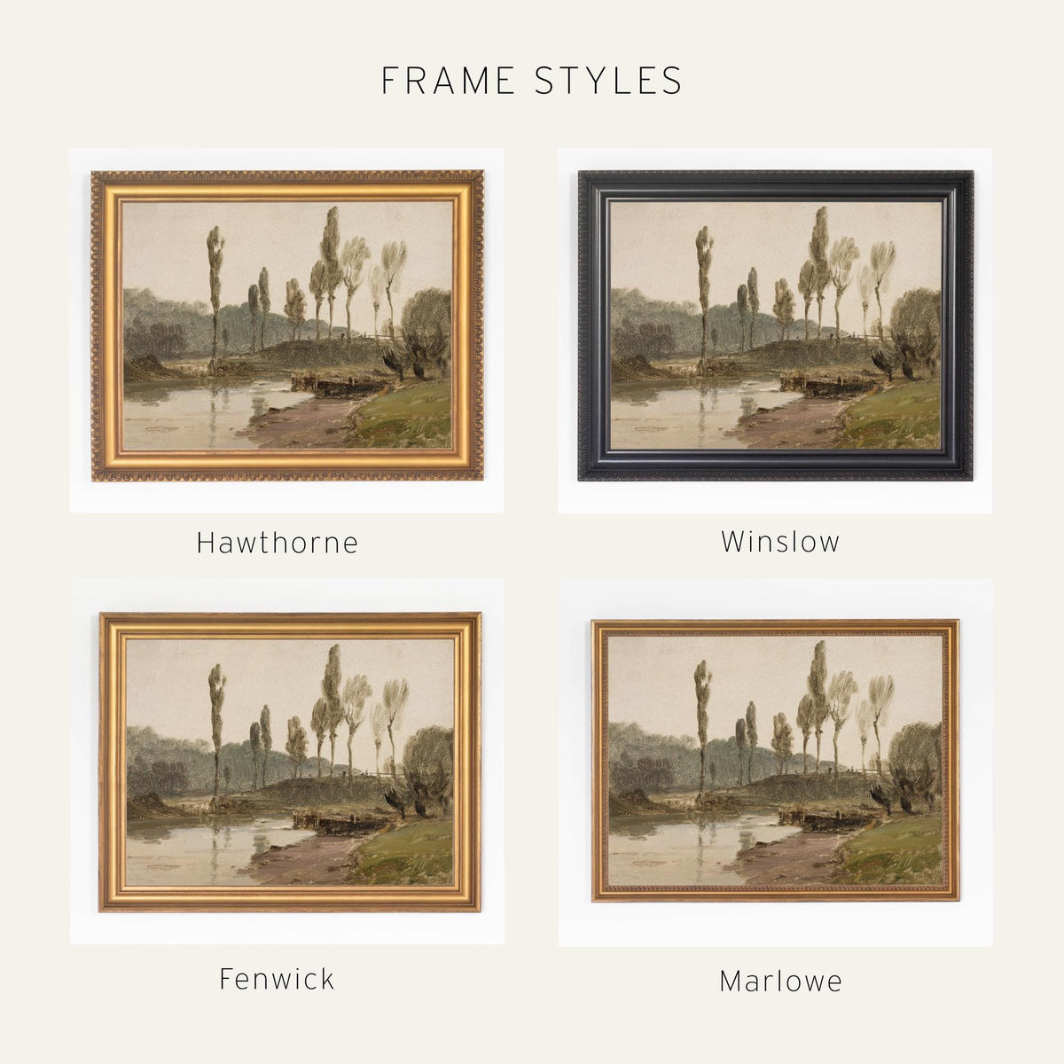 Framed Wall Art Living Room | Vintage River Landscape in Ornate Gold Frame | Large Antique Wall Decor | N66