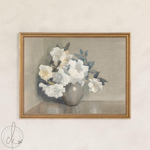 Vintage Floral Wall Art | Framed White Flower Still Life Print | N245