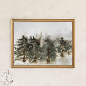 Christmas Wall Art | Winter Watercolor Landscape | Framed Pine Tree Decor | N200
