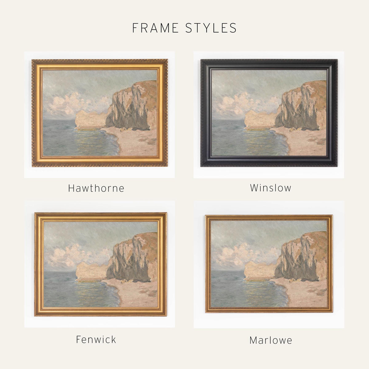 Monet Beach Painting | Étretat Cliff Framed Print | Gold Coastal Wall Art | N246