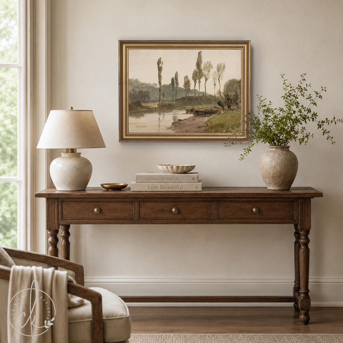 Framed Wall Art Living Room | Vintage River Landscape in Ornate Gold Frame | Large Antique Wall Decor | N66