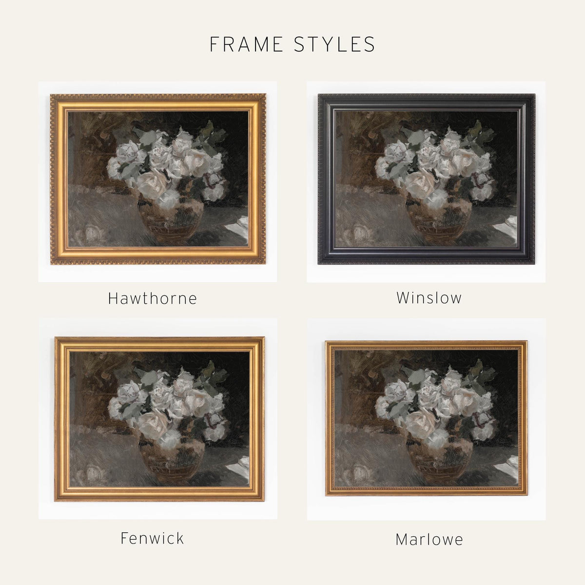 Moody Floral Painting | Framed Vintage Still Life Wall Art | White Roses | N124