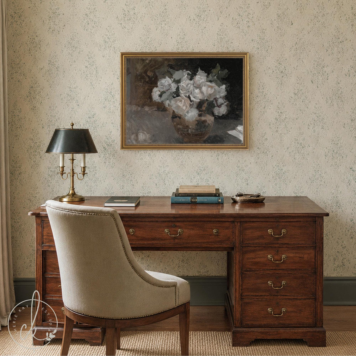 Moody Floral Painting | Framed Vintage Still Life Wall Art | White Roses | N124