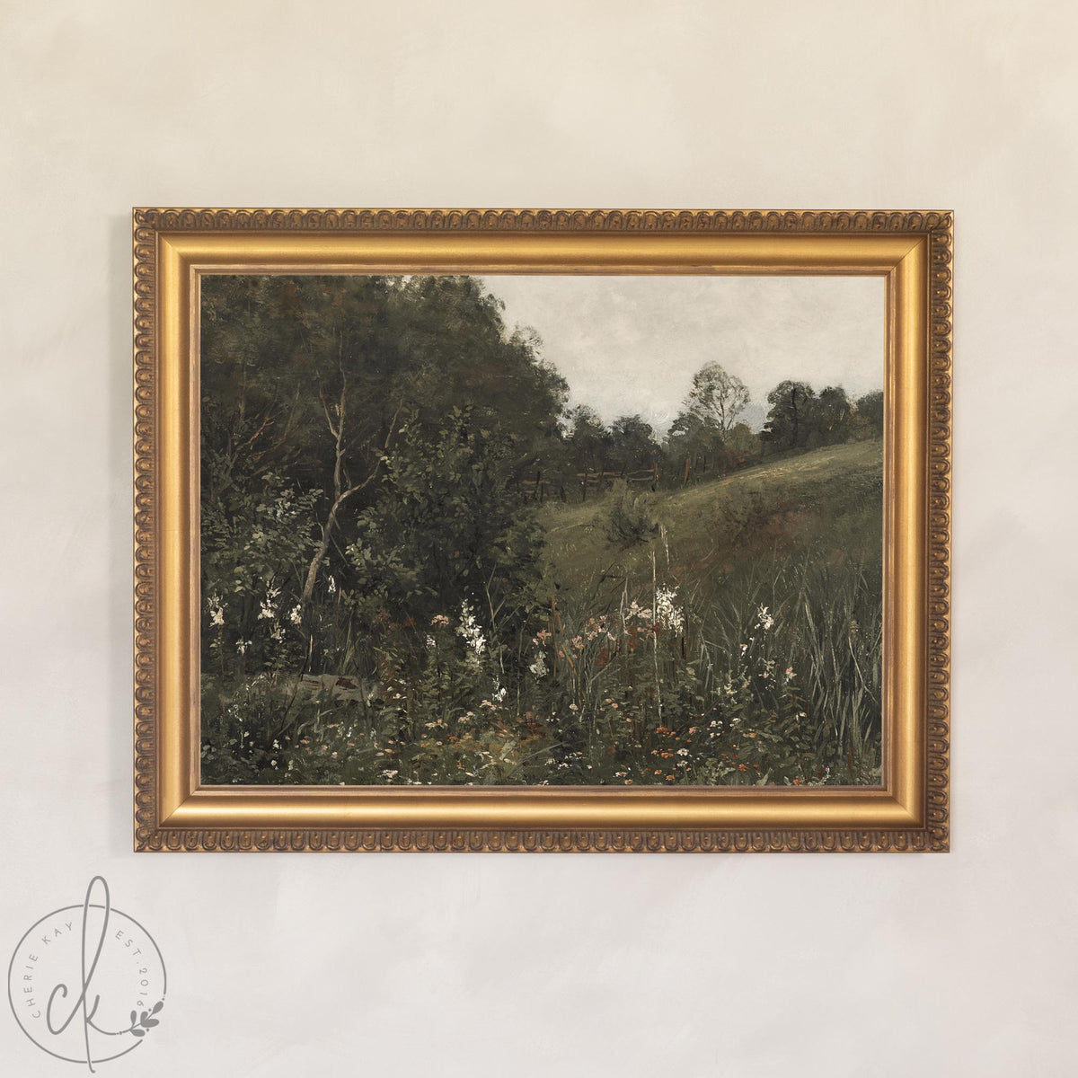 Vintage Landscape Painting | Wildflower Meadow in Ornate Gold Frame | N86