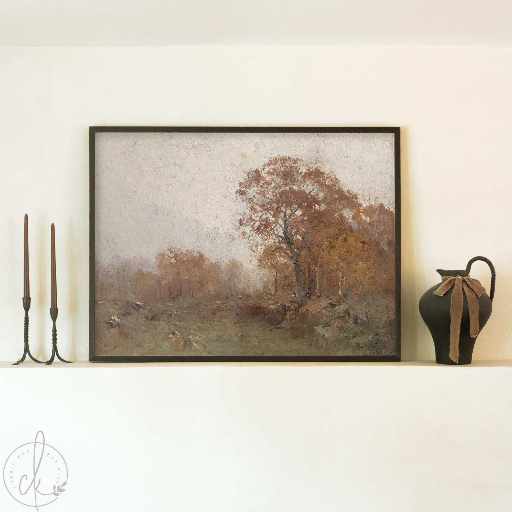 Framed fall landscape wall art in natural wood frame, featuring a detailed autumn scene for seasonal home decor.