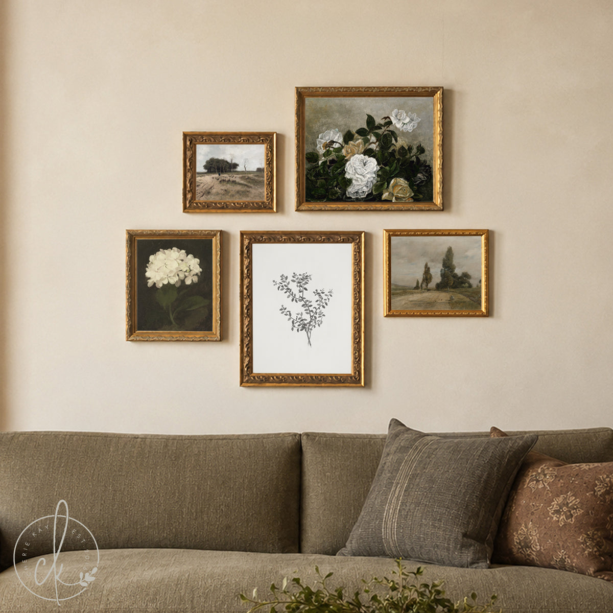 Set of 5 vintage botanical and floral canvas prints in ornate gold wood frames, hung above a neutral gray-green sofa.