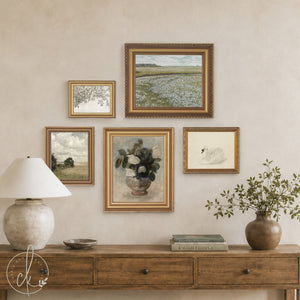 Entryway Gallery Wall Prints | Wildflower Field and Swan Set of 5 | Gold Framed Wall Art | G10-1