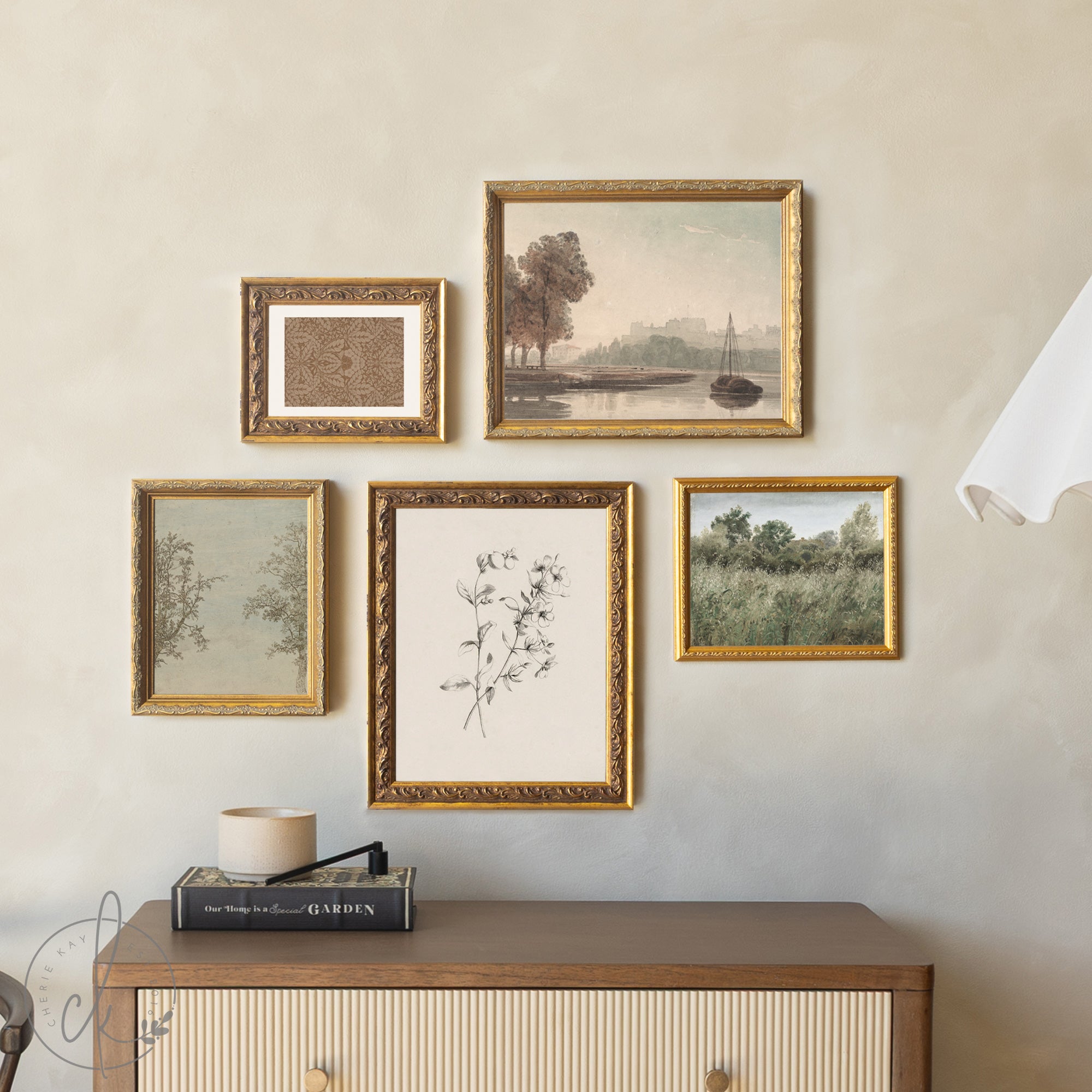 Framed Wall Art Set | Vintage Landscape & Botanical Gold Frames