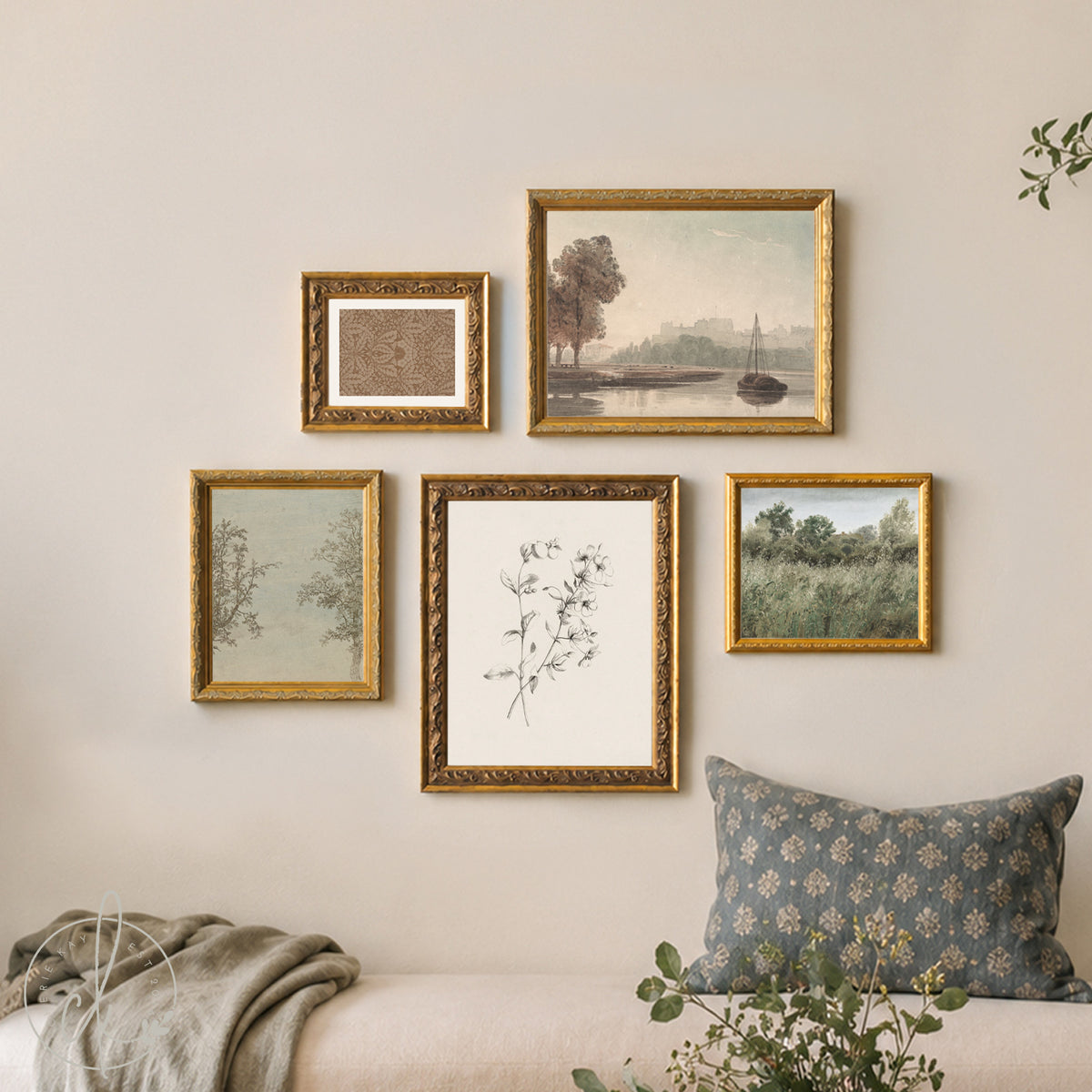 Framed Wall Art Set | Vintage Landscape & Botanical Prints | Ornate Gold Frame Gallery Wall Decor | G11