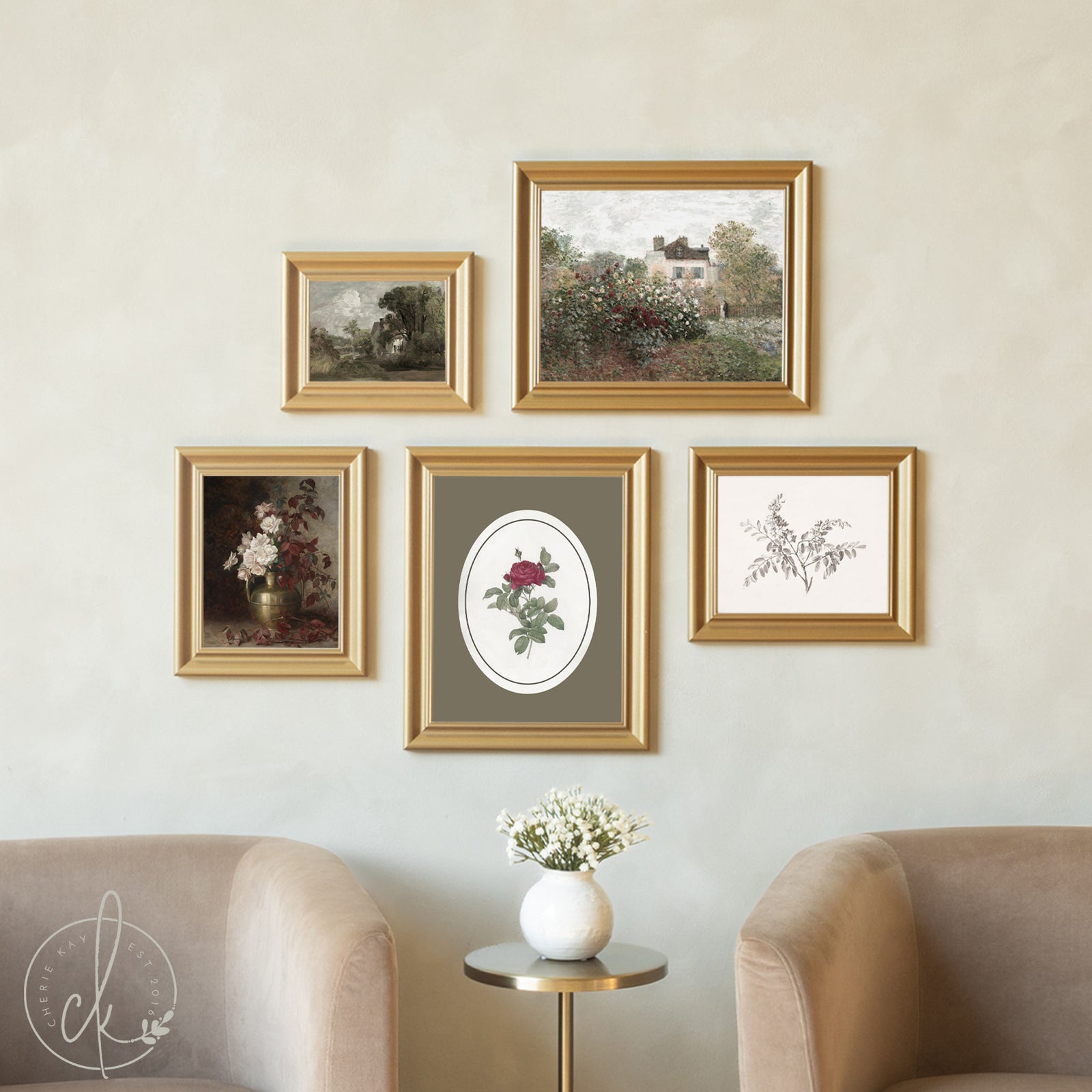 Five elegantly framed artworks in matching gold frames create a refined gallery wall above two taupe velvet armchairs, featuring a romantic cottage garden scene, classic landscape, floral still life centerpiece, and delicate botanical prints in an artfully arranged composition.