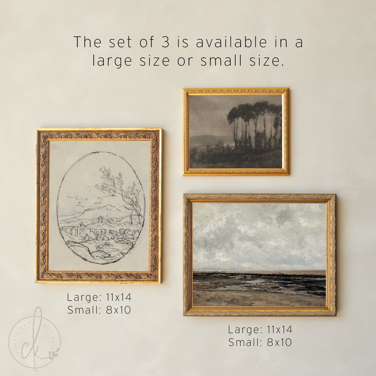 Vintage Framed Gallery Wall Set of 5 | Neutral Landscape Art Prints | Antique Gold Wall Decor | G17
