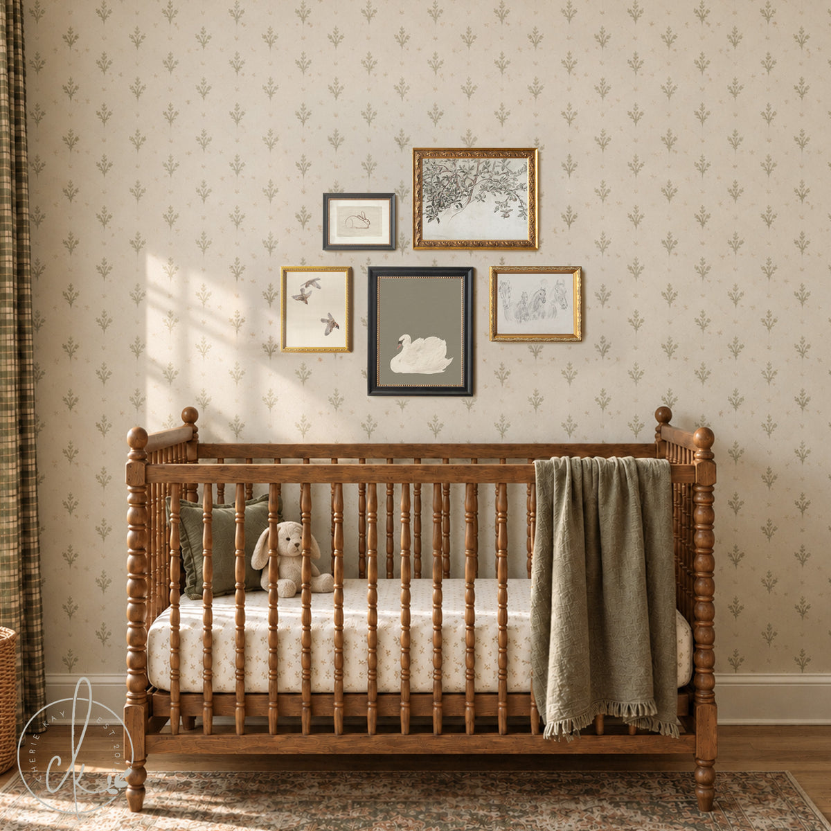 5-piece nursery wall art set of vintage animal & botanical prints framed in ornate gold and black, styled above a crib.