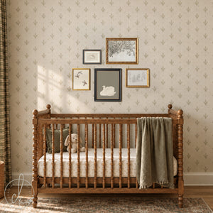 5-piece nursery wall art set of vintage animal & botanical prints framed in ornate gold and black, styled above a crib.