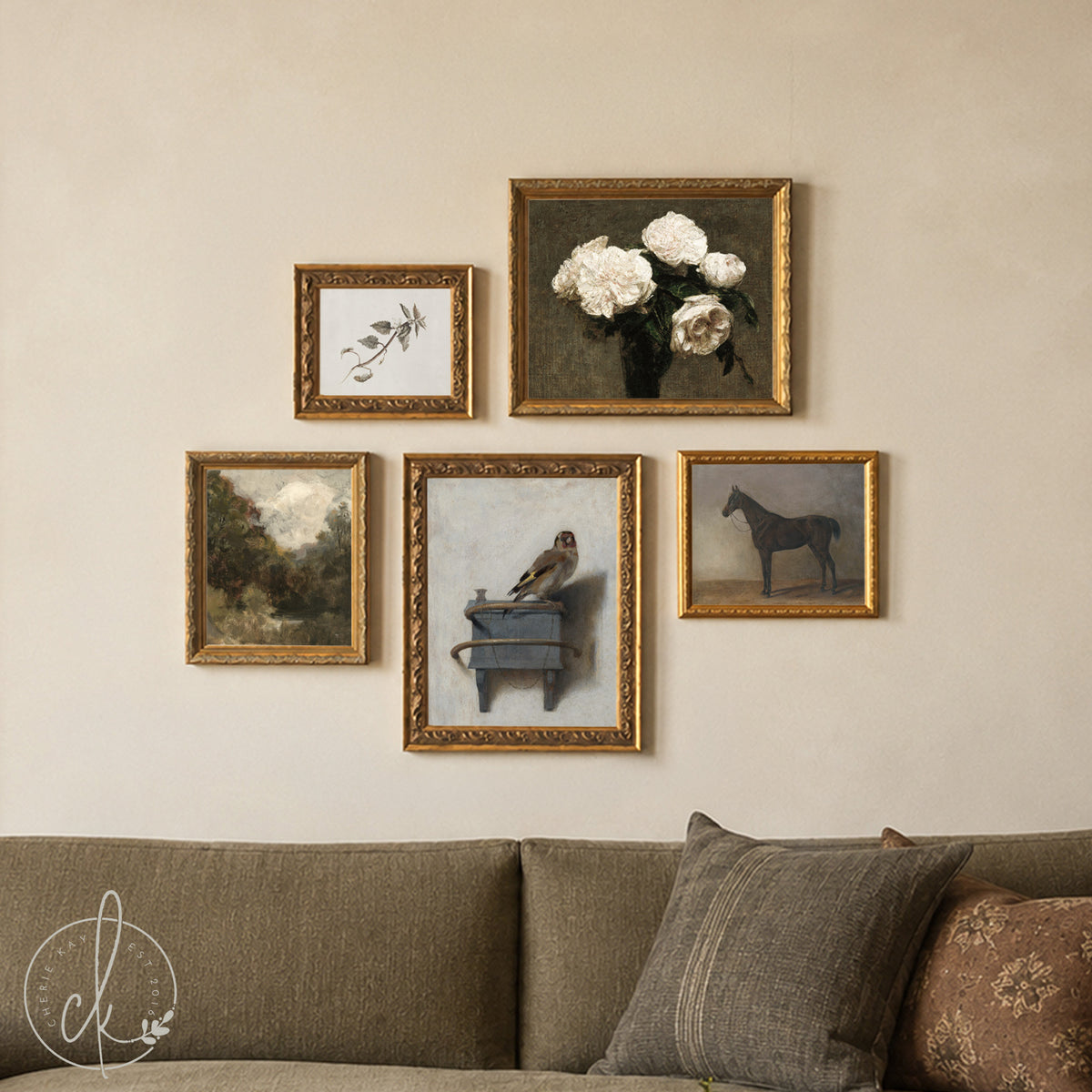 Wall Collage Set of 5 | Gold Framed Vintage Artwork | Goldfinch, Horse and Rose Canvas Prints | G2