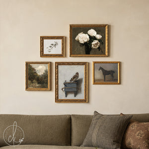 Wall Collage Set of 5 | Gold Framed Vintage Artwork | Goldfinch, Horse and Rose Canvas Prints | G2