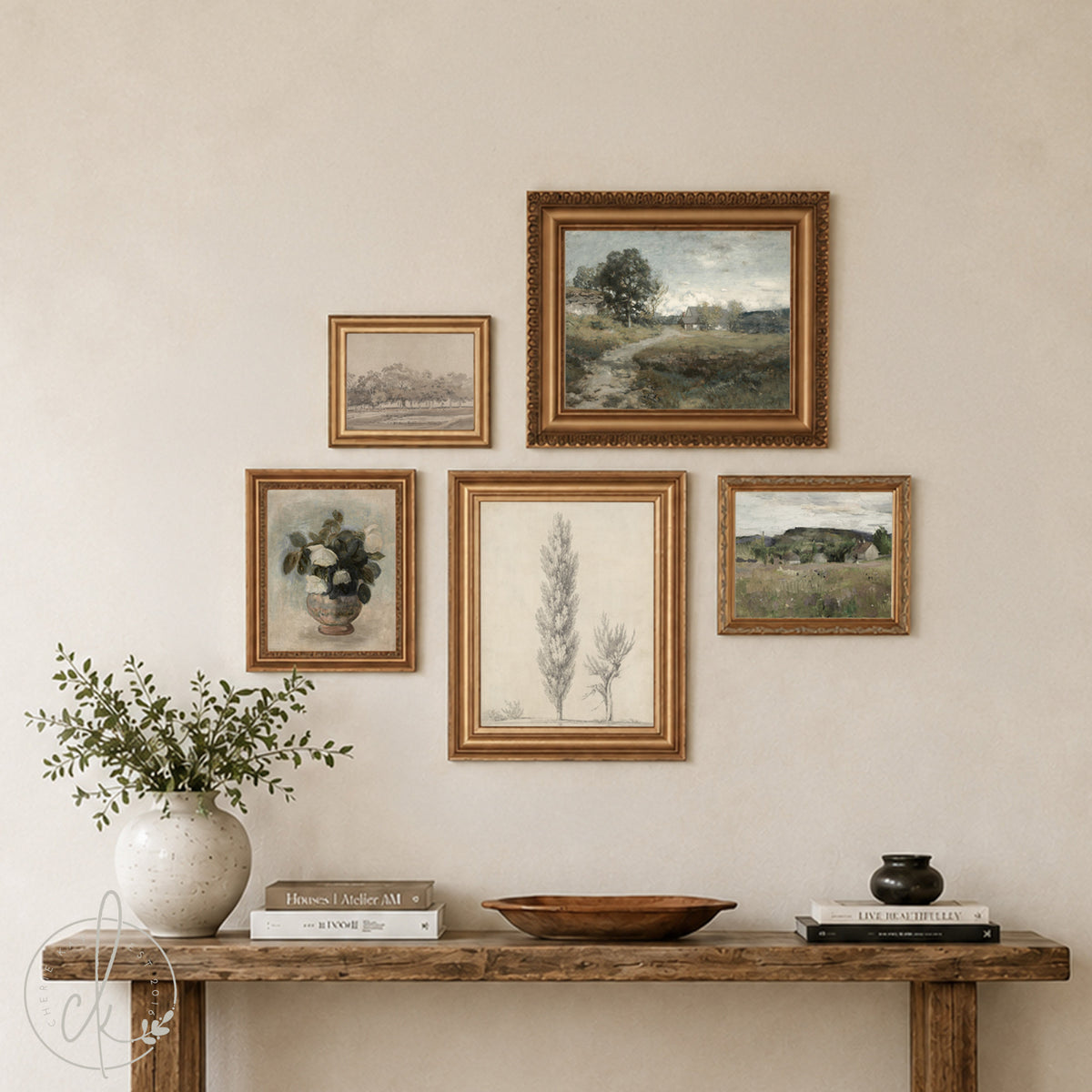 Vintage Landscape Prints | 5 Gallery Wall Prints in Ornate Gold Frames | Hallway and Living Room Wall Art | G22-1
