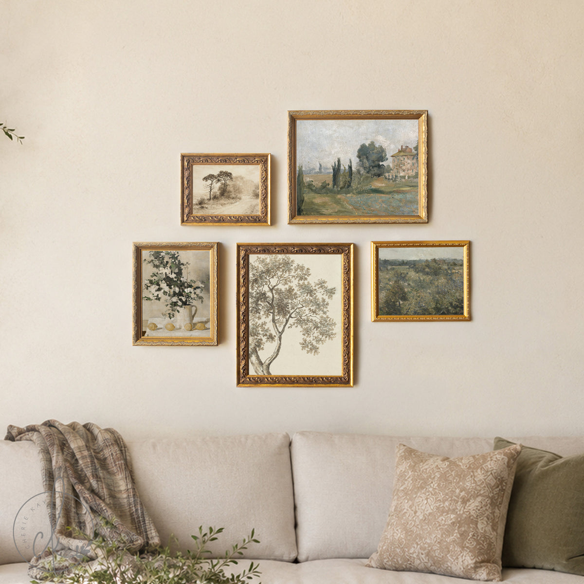 Picture Collage Wall Canvas Prints | Gold Framed Vintage Artwork | Over the Sofa Art Set of 5 | G23