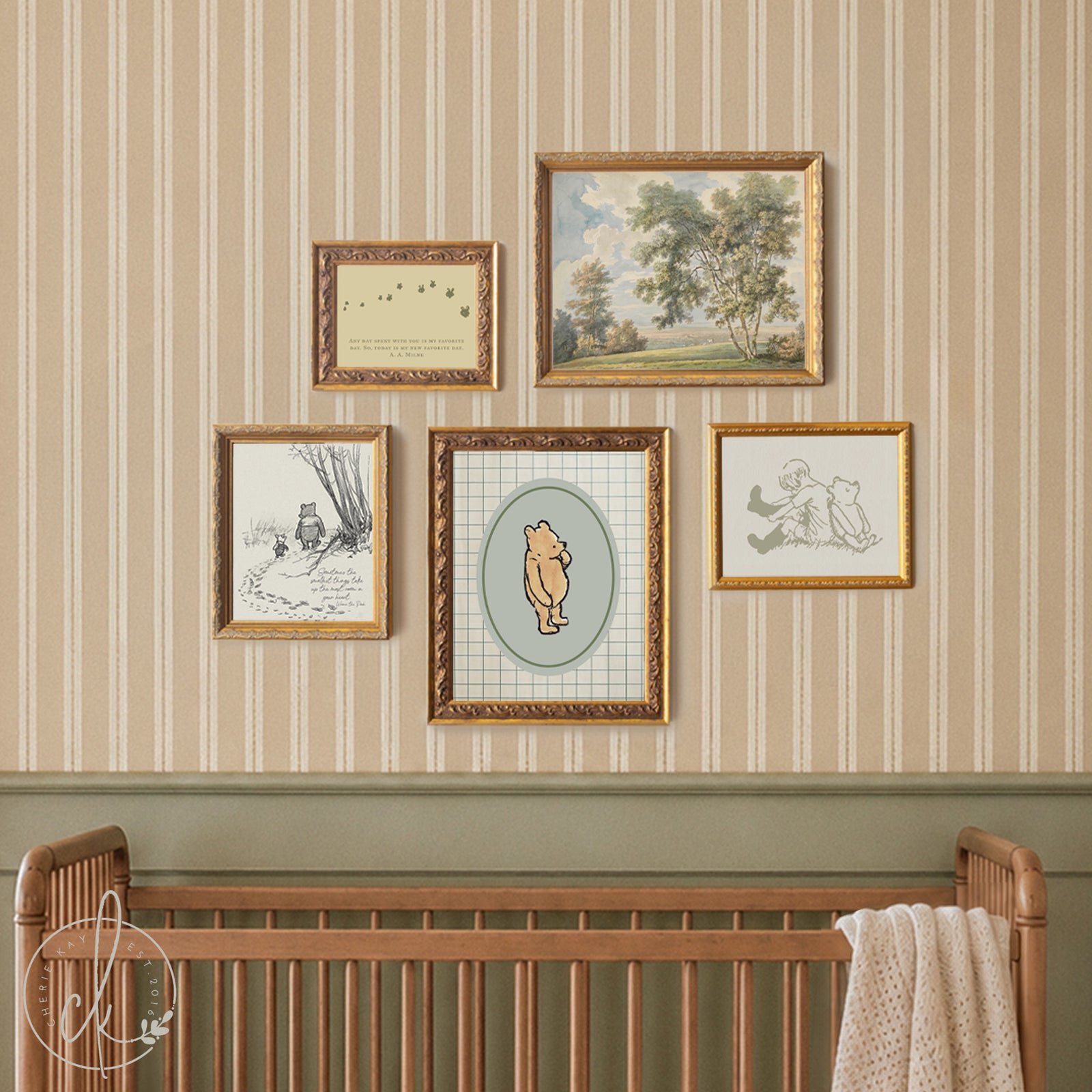 Winnie the Pooh wall decor vintage nursery gallery wall with framed canvas prints above crib.