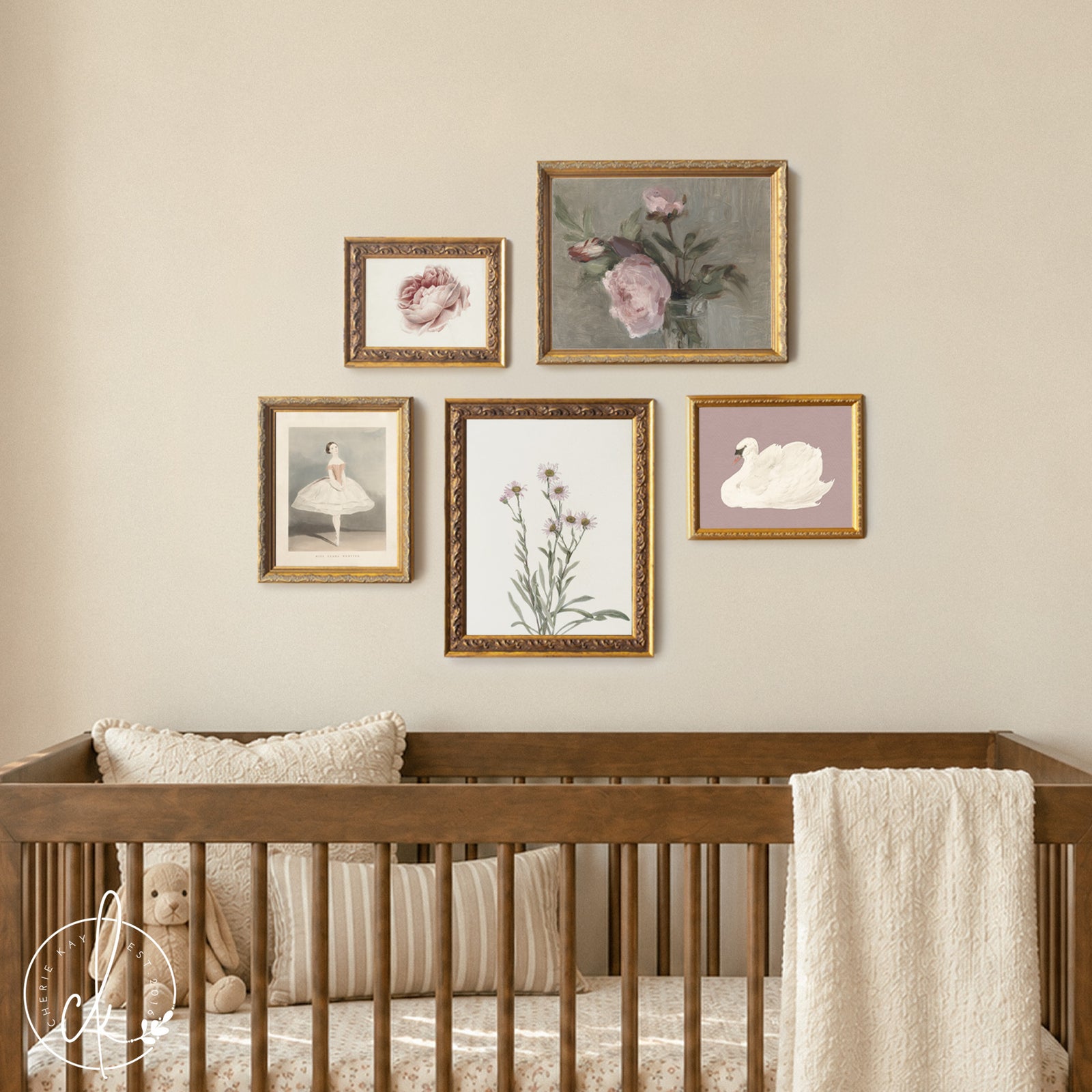 Vintage nursery wall art with botanical flowers, ballerina, and swan prints in gold frames