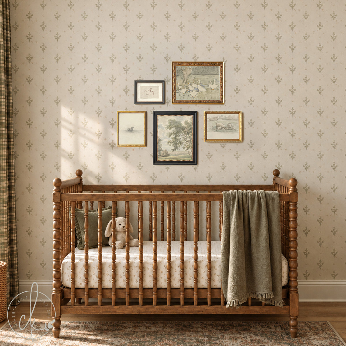 Animal nursery wall art featuring vintage style sketches of rabbits, sheep, and birds in ornate gold and black frames for gallery wall decor