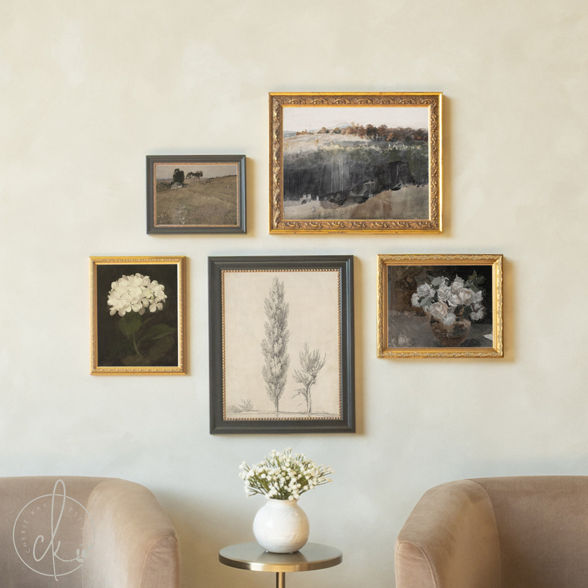 Antique Style Gallery Wall Set | Gold Framed Floral & Landscape Art | G40