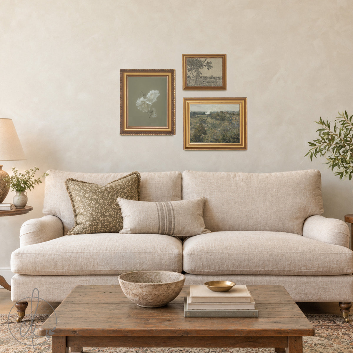 Gallery Wall Sets | Vintage Framed Canvas Art Set of 5 | Gold Frame Landscape and Botanical Prints | G41-1