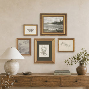 Gallery Wall Pictures Set of 5 | Vintage Framed Canvas Art | Neutral Landscape and Botanical Prints for Entryway | G45