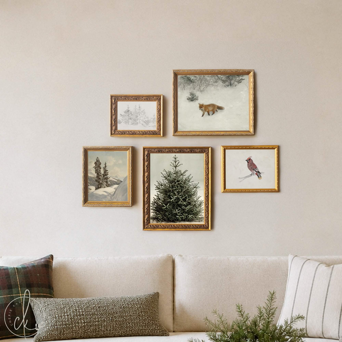 Christmas Art for Wall | Christmas Gallery Wall Set of 5 | Ornate Gold Framed Prints | G46