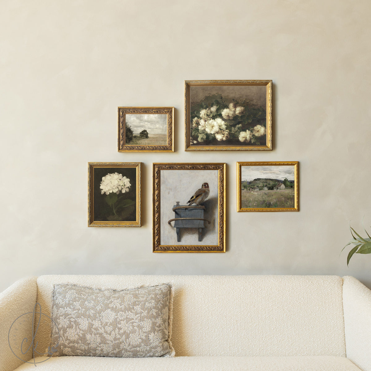 Gold Frame Gallery Wall Set | Vintage Floral, Bird & Landscape Framed Prints | Classic Wall Art Decor | G9