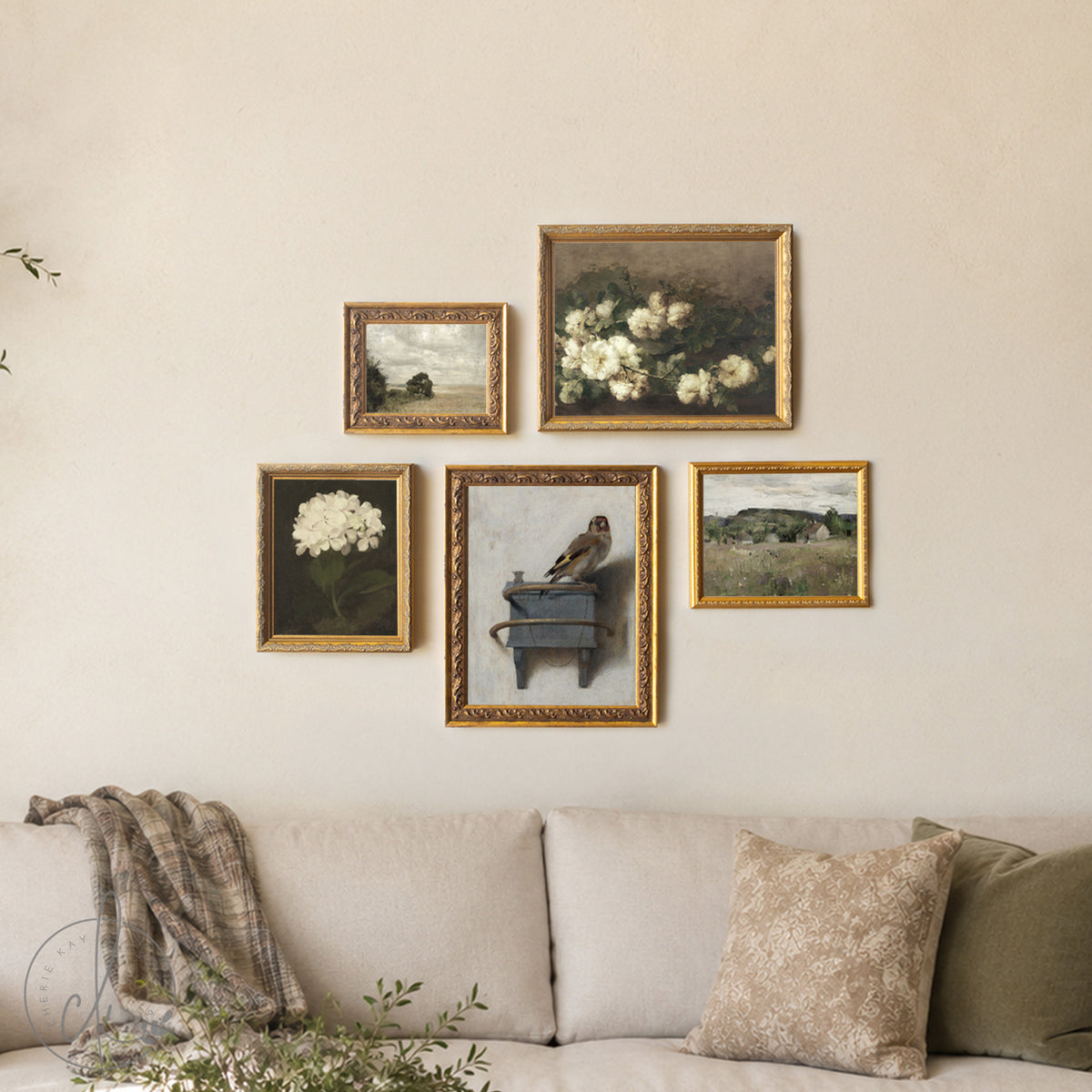 Gold Frame Gallery Wall Set | Vintage Floral, Bird & Landscape Framed Prints | Classic Wall Art Decor | G9