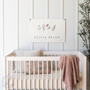 Floral Nursery Decor | Baby Girl Name Canvas Flag | Botanical Wall Art for Kids Room | Olivia Brynn