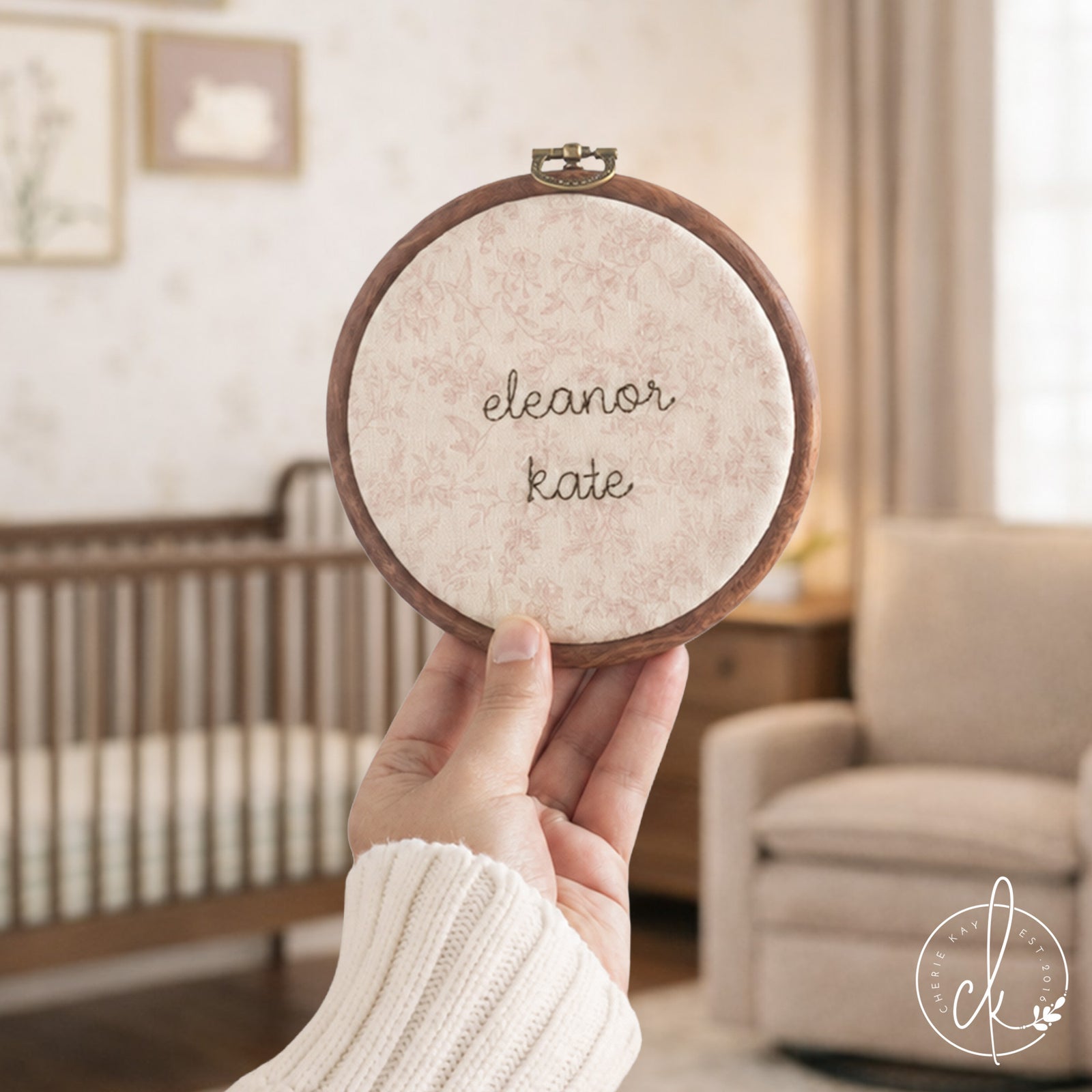 Newborn Name Sign | Hand Embroidered Hoop Art | Nursery Wall Decor 