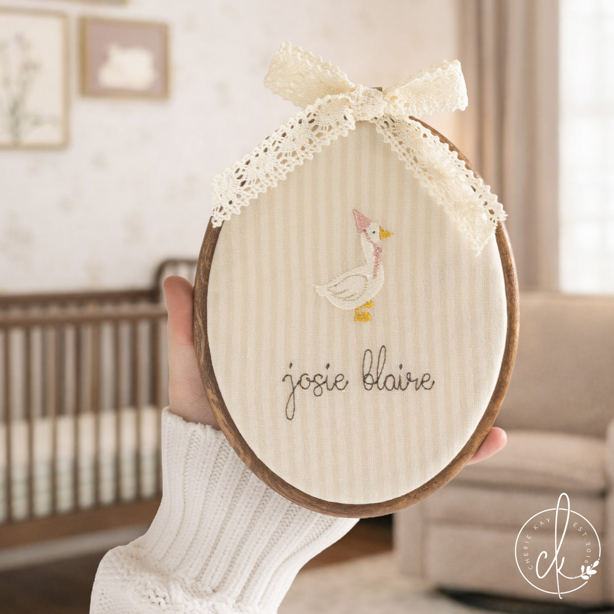 Personalized Newborn Gift | Embroidered Baby Name Hoop with Goose | E5